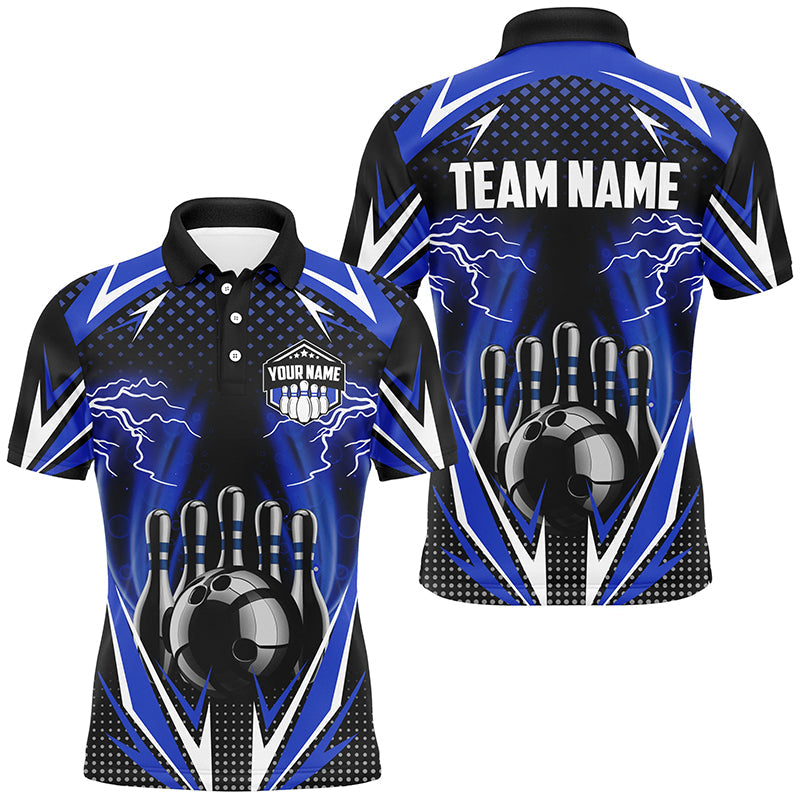 Black Men Bowling Polo, 1/4 zip Shirt Custom blue lightning team Mens Bowlers Jerseys bowling outfits NQS8690