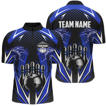 Load image into Gallery viewer, Black Men Bowling Polo, 1/4 zip Shirt Custom blue lightning team Mens Bowlers Jerseys bowling outfits NQS8690