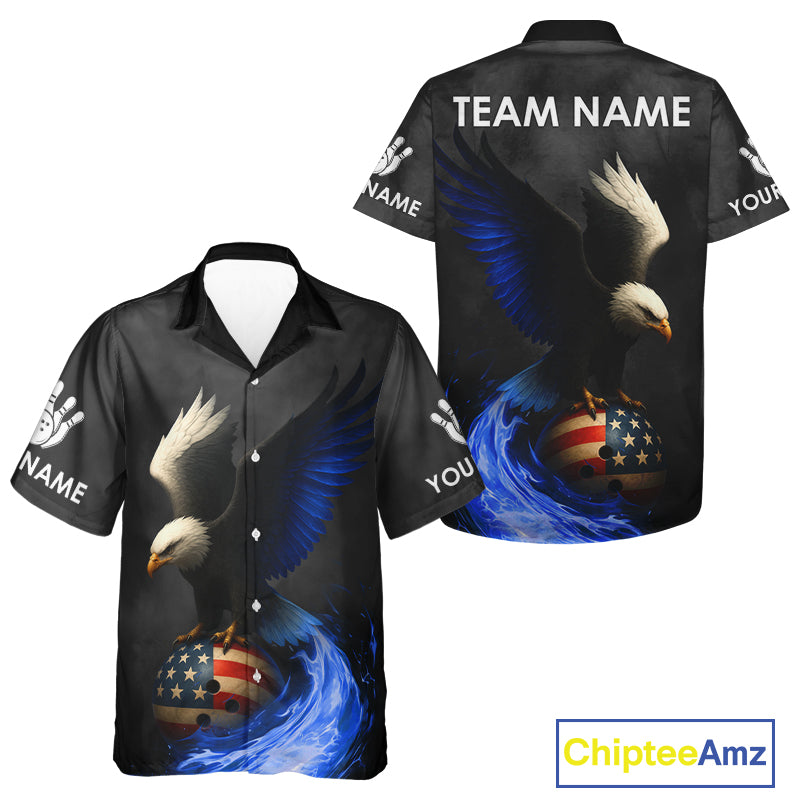 Black and White Eagle Blue Flame American Flag Bowling Hawaiian Shirt Custom Team Bowling Jersey NQS10857