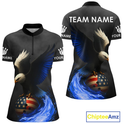 Black and White Eagle Blue Flame American Flag Bowling Shirt For Women Custom Team Bowling Jersey NQS10857