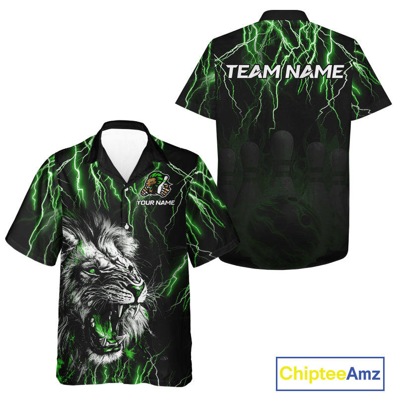 Black & Green Lightning Thunder Lion Bowling Hawaiian Shirt Custom Lion Bowling Team Button up Shirt NQS11044