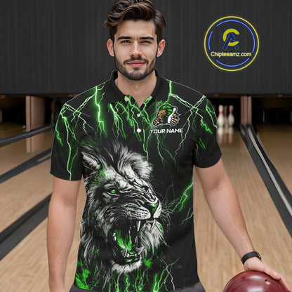 Black and Green Lightning Thunder Lion Bowling Shirt For Men Custom Lion Bowling Team Jerseys NQS11044