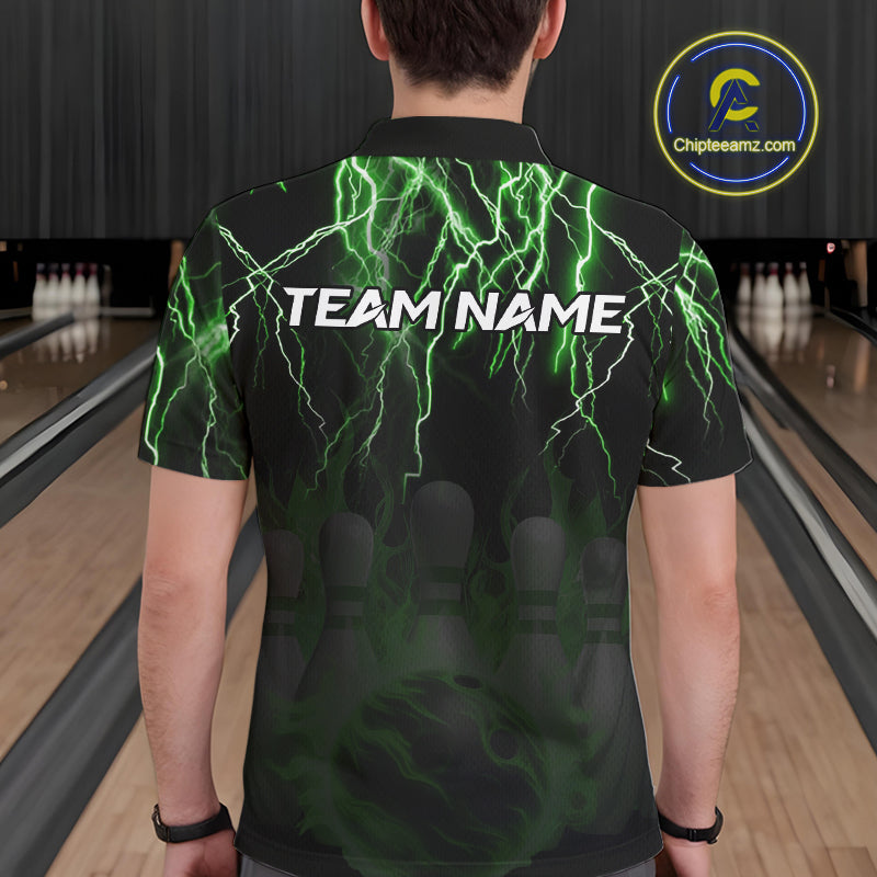 Black and Green Lightning Thunder Lion Bowling Shirt For Men Custom Lion Bowling Team Jerseys NQS11044