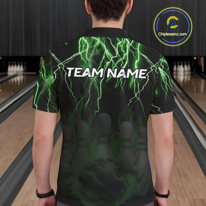 Black and Green Lightning Thunder Lion Bowling Shirt For Men Custom Lion Bowling Team Jerseys NQS11044
