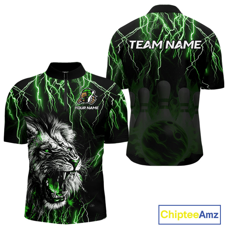 Black and Green Lightning Thunder Lion Bowling Shirt For Men Custom Lion Bowling Team Jerseys NQS11044