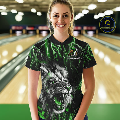 Black and Green Lightning Thunder Lion Bowling Shirt For Women Custom Lion Bowling Team Jerseys NQS11044
