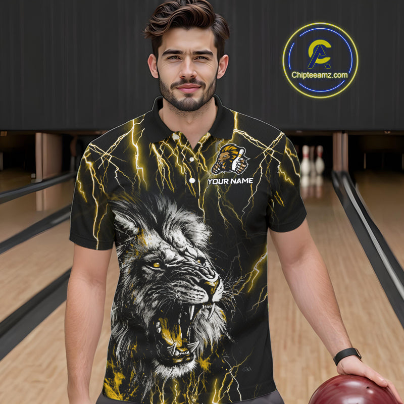 Black and Yellow Lightning Thunder Lion Bowling Shirt For Men Custom Lion Bowling Team Jerseys NQS11045