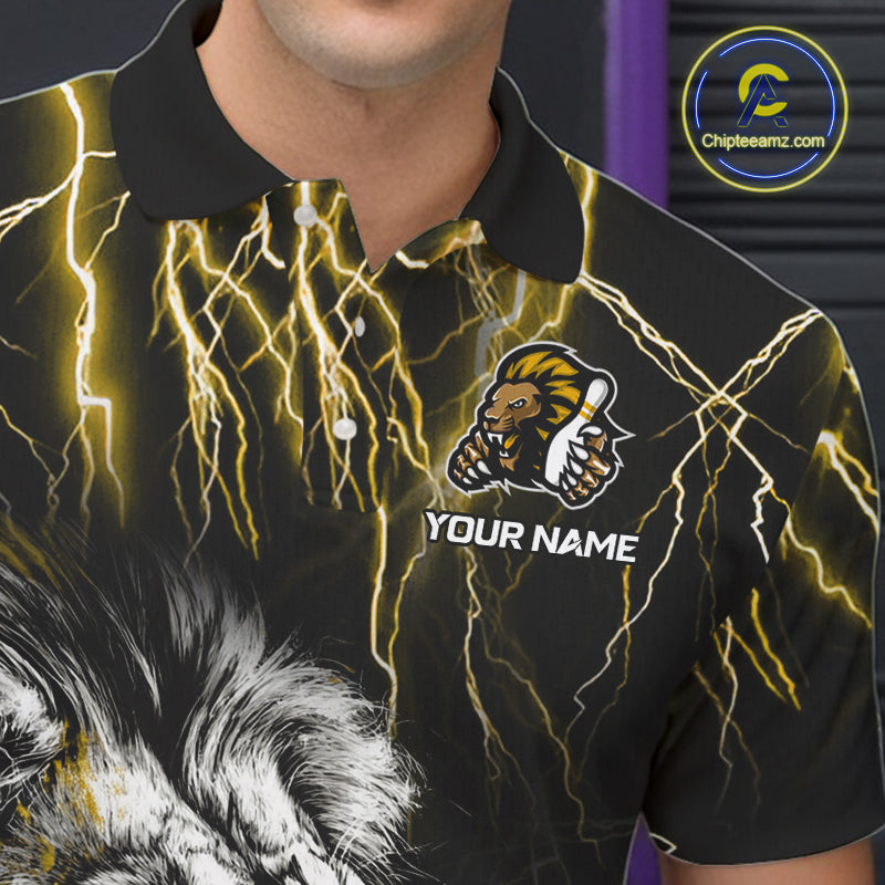 Black and Yellow Lightning Thunder Lion Bowling Shirt For Men Custom Lion Bowling Team Jerseys NQS11045