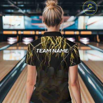 Black and Yellow Lightning Thunder Lion Bowling Shirt For Women Custom Lion Bowling Team Jerseys NQS11045