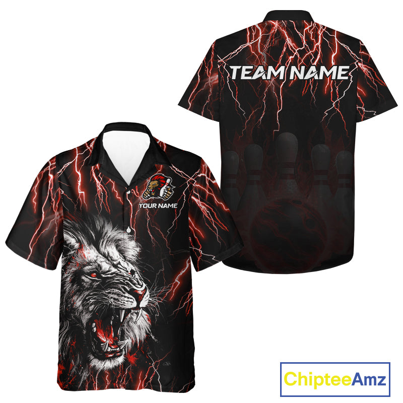 Black & Red Lightning Thunder Lion Bowling Hawaiian Shirt Custom Lion Bowling Team Button up Shirt NQS11046