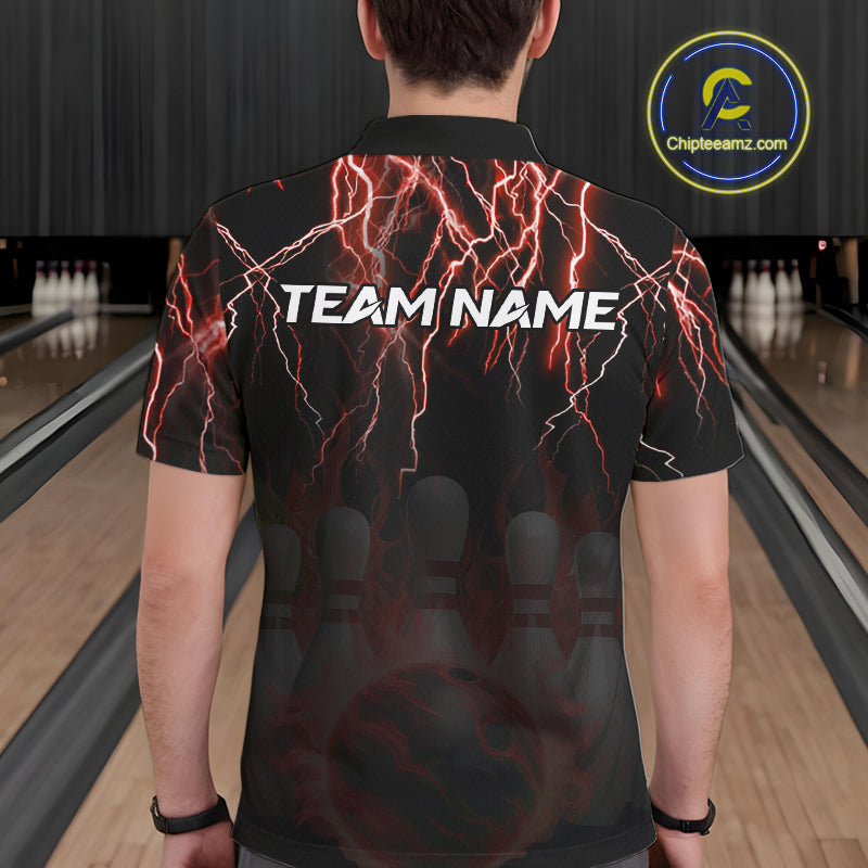 Black and Red Lightning Thunder Lion Bowling Shirt For Men Custom Lion Bowling Team Jerseys NQS11046