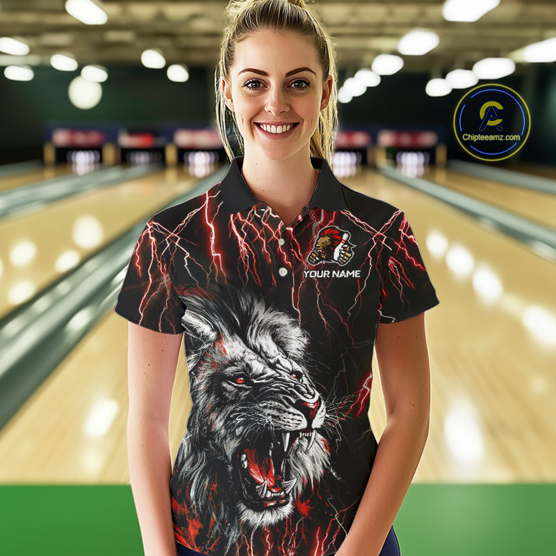 Black and Red Lightning Thunder Lion Bowling Shirt For Women Custom Lion Bowling Team Jerseys NQS11046