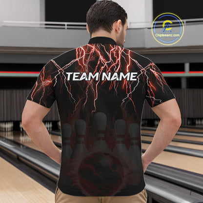 Black and Red Lightning Thunder Lion Bowling Shirt For Men Custom Lion Bowling Team Jerseys NQS11046