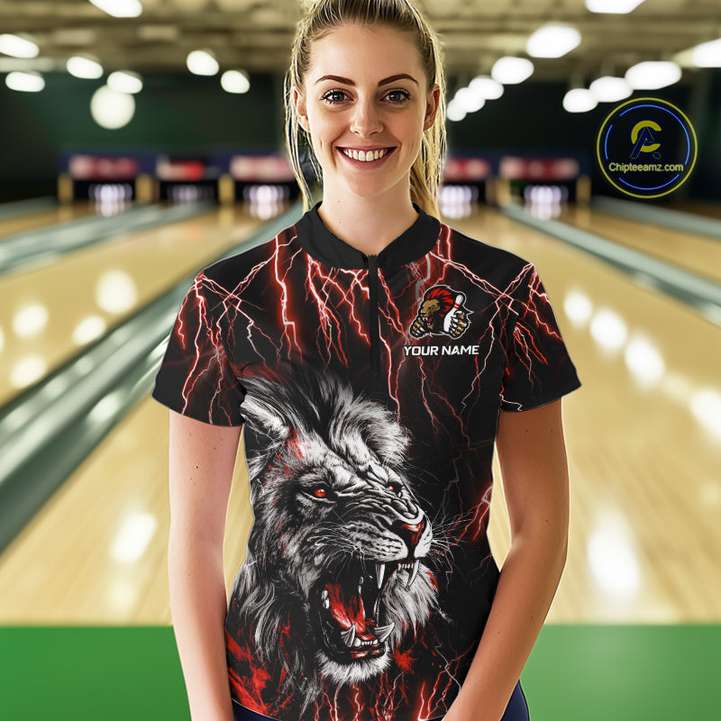 Black and Red Lightning Thunder Lion Bowling Shirt For Women Custom Lion Bowling Team Jerseys NQS11046