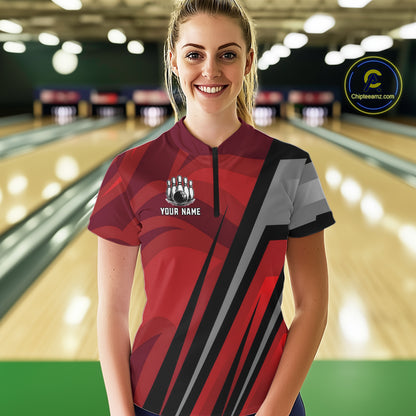 Red Camo Flame Women Bowling Polo, Quarter Zip Shirts Custom Team Jerseys bowling outfits for ladies NQS11048