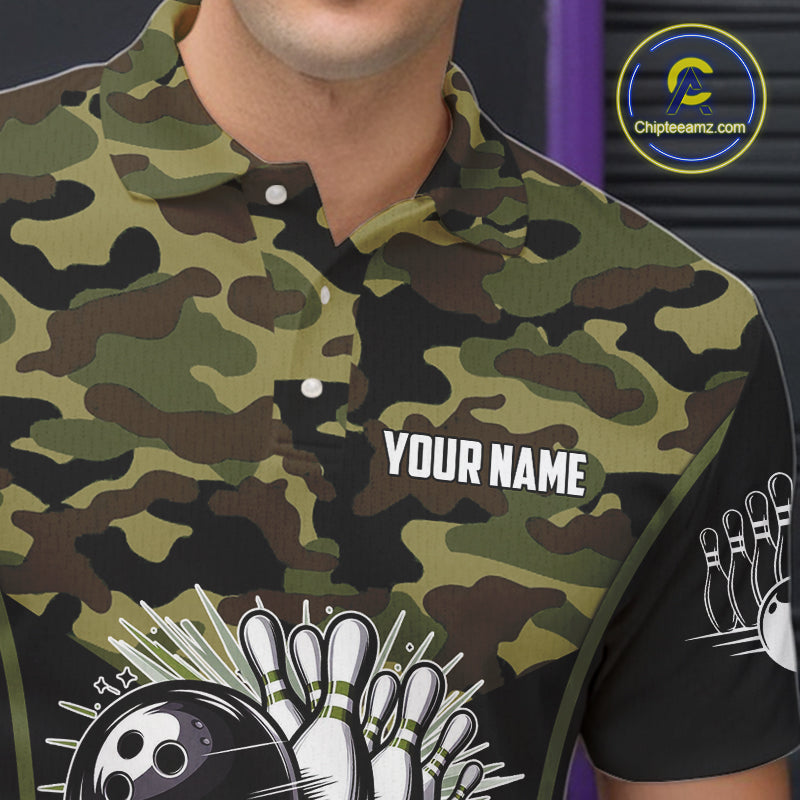 Black green camo Mens polo, quarter Zip bowling shirts Custom bowling team league jerseys NQS11050