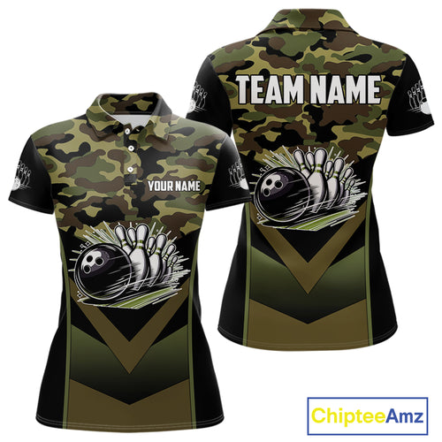 Black green camo Womens polo, quarter Zip bowling shirts Custom bowling team league jerseys NQS11050