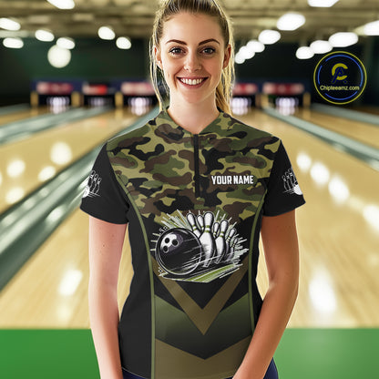 Black green camo Womens polo, quarter Zip bowling shirts Custom bowling team league jerseys NQS11050