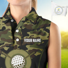 Load image into Gallery viewer, Black green camo Women Sleeveless Polo shirt Custom golf outfit ladies, personalized golf gifts NQS11051