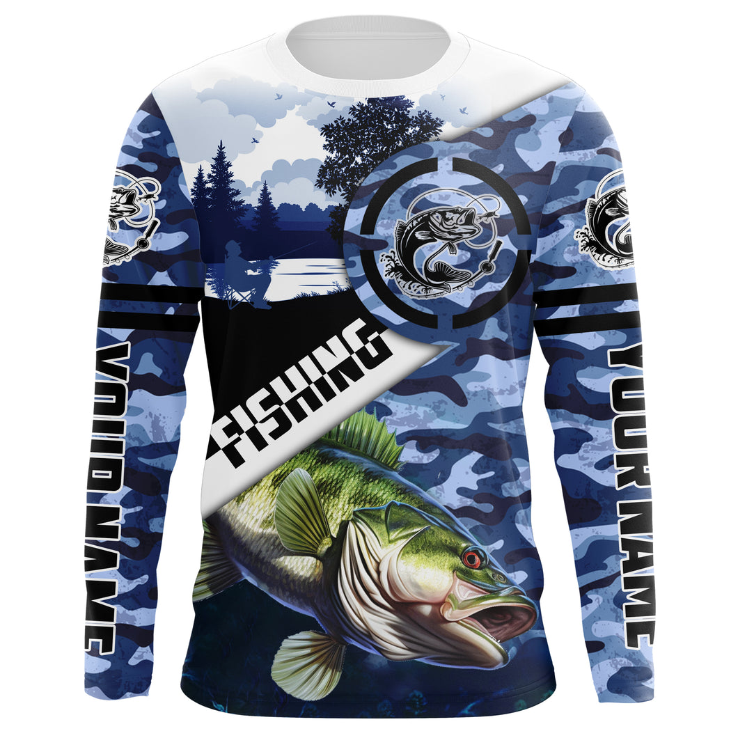 Largemouth Bass fishing blue camouflage fishing clothing Custom performance fishing shirt NQS2616