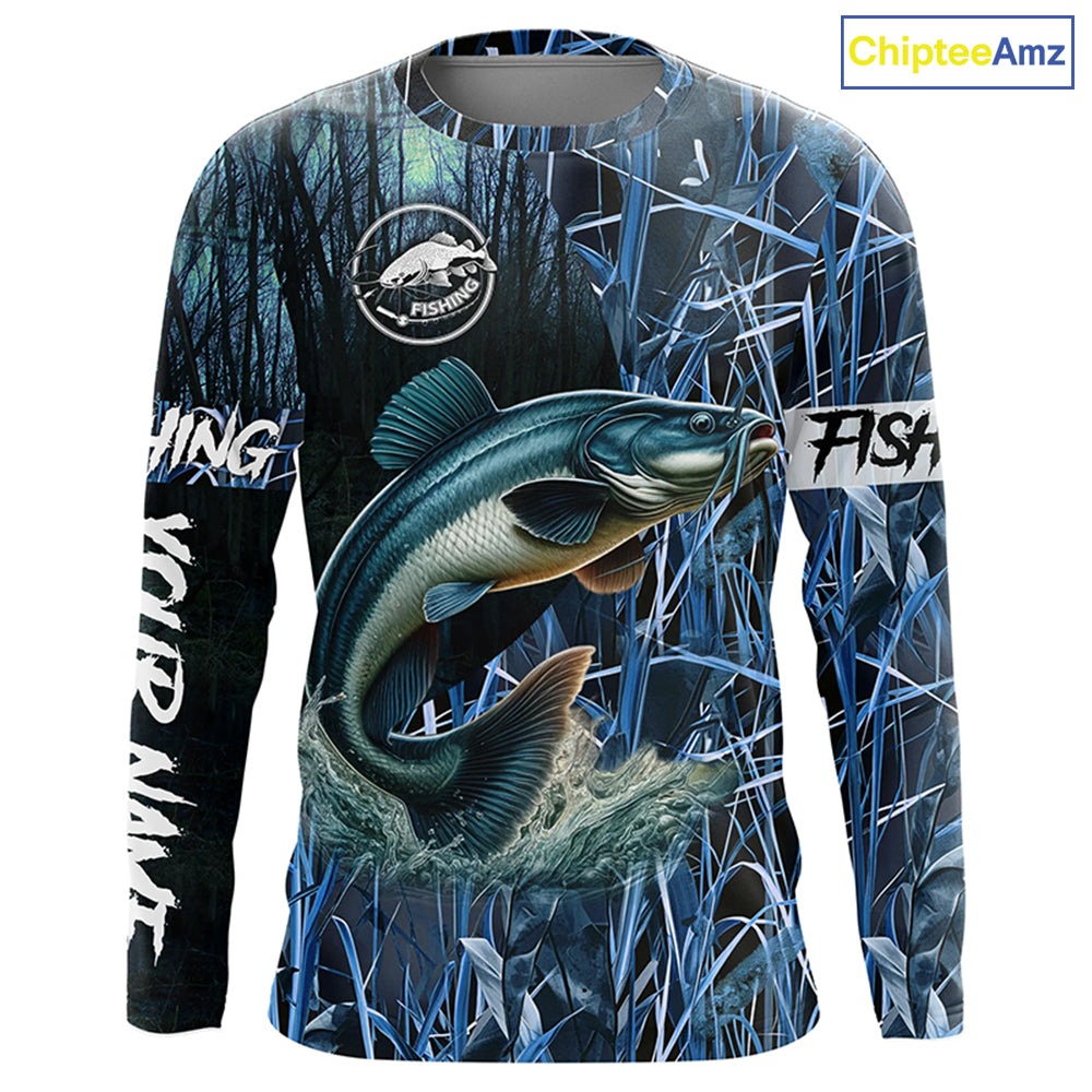 Catfish fishing blue camouflage fishing clothing Custom UV protection performance fishing shirt NQS2614