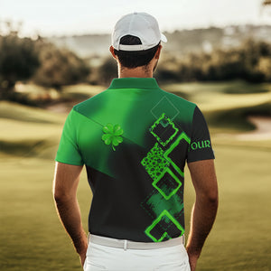 Mens golf polo shirt custom name green clover St Patrick day golf shirts, golfing gifts | Black NQS9514