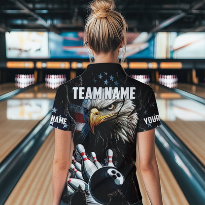 Personalized Eagle American flag Bowling Team Shirts For Women Custom Patriotic Bowling League Jersey NQS9520