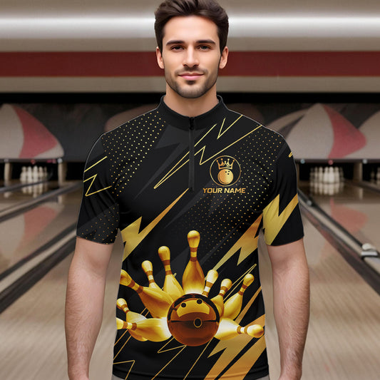 Custom Black and Gold Bowling Polo, Quarter Zip Shirts for Men, Team Bowling League Jersey NQS9682