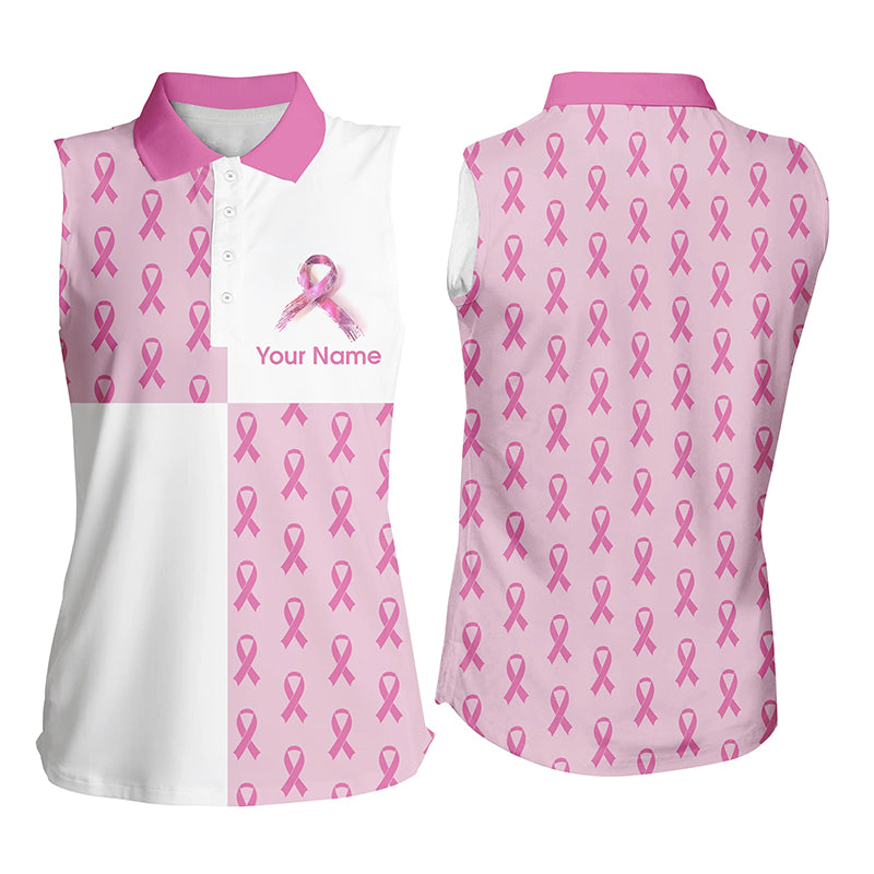 Womens sleeveless polo shirt custom pink Breast Cancer Pink Ribbon pattern golf shirts for ladies NQS7454