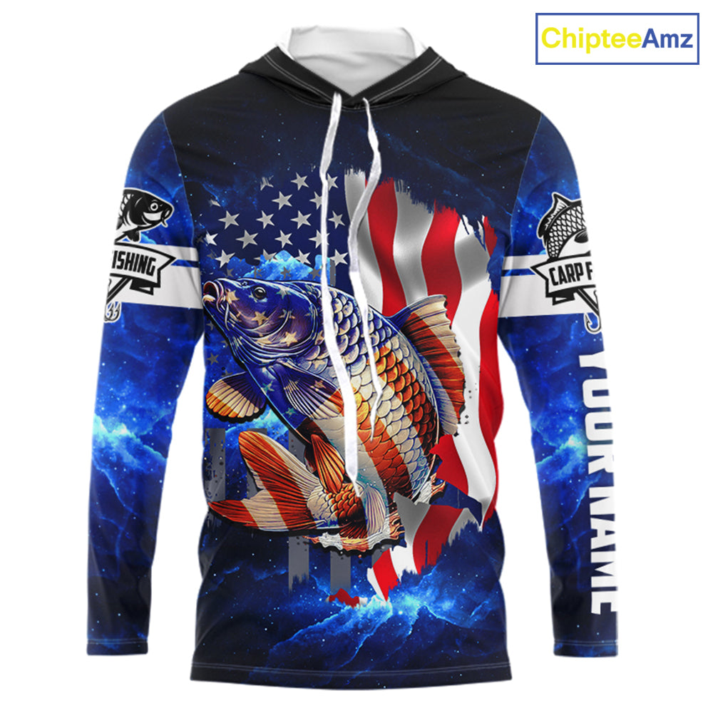 Carp Fishing blue galaxy 3D American Flag patriotic Customize name All over print fishing shirts NQS449