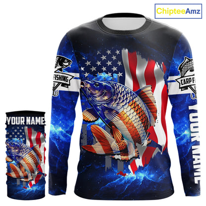 Carp Fishing blue galaxy 3D American Flag patriotic Customize name All over print fishing shirts NQS449