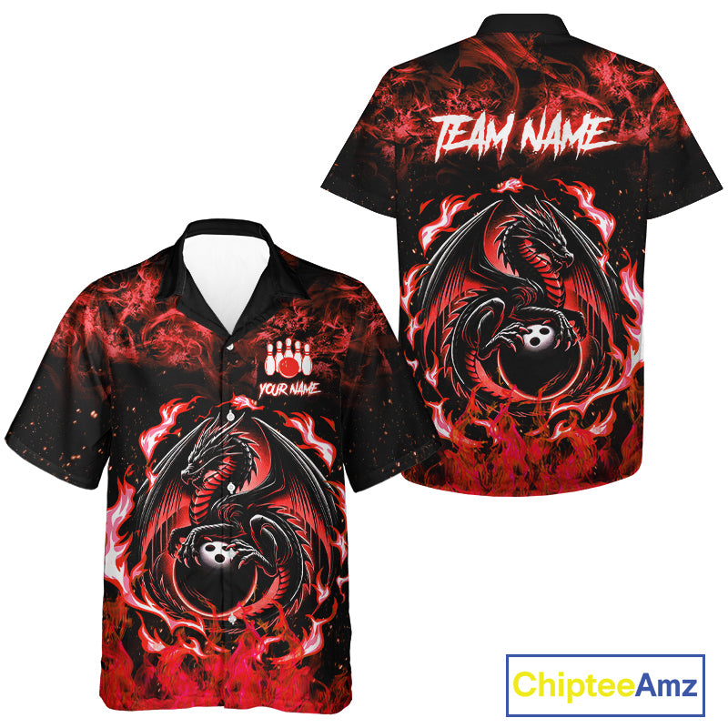 Black and Red Flame Dragon Bowling hawaiian shirt Custom Bowling Team button up shirts NQS10245