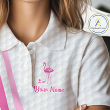 Load image into Gallery viewer, Funny Women golf polo shirt custom pink and black argyle pattern flamingo white golf shirts NQS10252