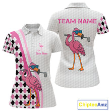 Load image into Gallery viewer, Funny Women golf polo shirt custom pink and black argyle pattern flamingo white golf shirts NQS10252