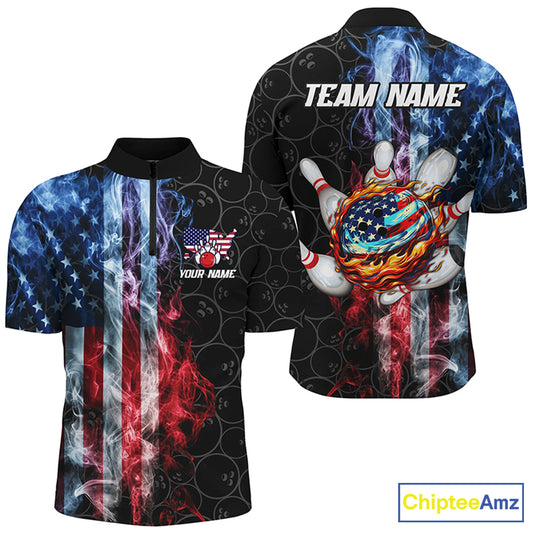 Smoke American Flag Flame Bowling camo Custom Patriotic Bowling Shirts For Men, Bowling Team Jerseys NQS8241