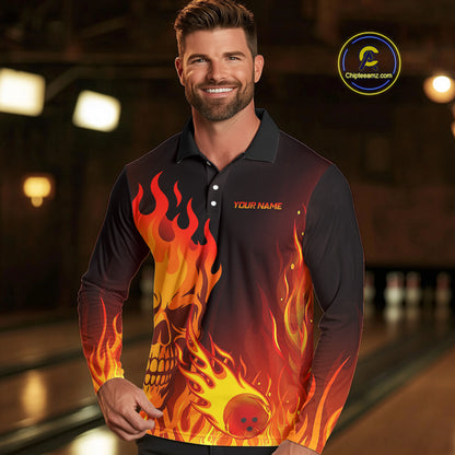 Flame Skull Bowling Polo, Quarter Zip Shirts for Men Custom Skull Fire Bowling Team Outfit Uniform NQS10444