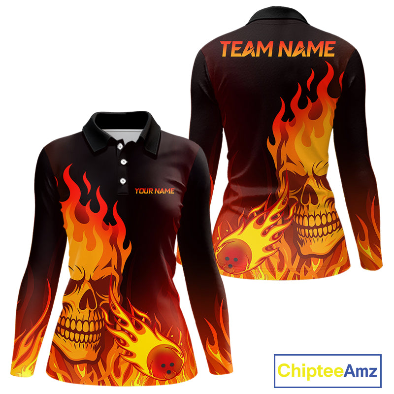 Flame Skull Bowling Polo, Quarter Zip Shirts for Women Custom Skull Fire Bowling Team Outfit Uniform NQS10444