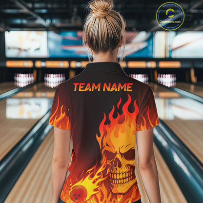 Flame Skull Bowling Polo, Quarter Zip Shirts for Women Custom Skull Fire Bowling Team Outfit Uniform NQS10444