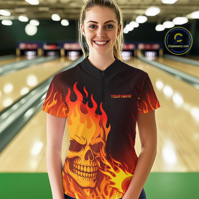 Flame Skull Bowling Polo, Quarter Zip Shirts for Women Custom Skull Fire Bowling Team Outfit Uniform NQS10444