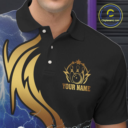 Custom Blue Lightning thunder and Gold Bowling Team Jerseys, Personalized Bowling Shirts for Men NQS10447