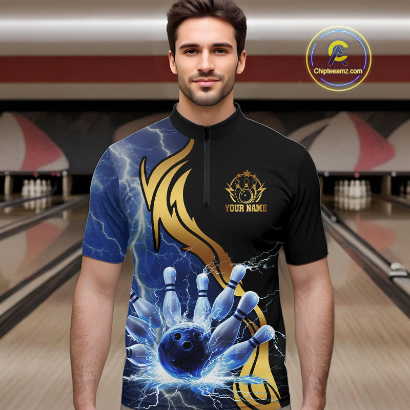 Custom Blue Lightning thunder and Gold Bowling Team Jerseys, Personalized Bowling Shirts for Men NQS10447