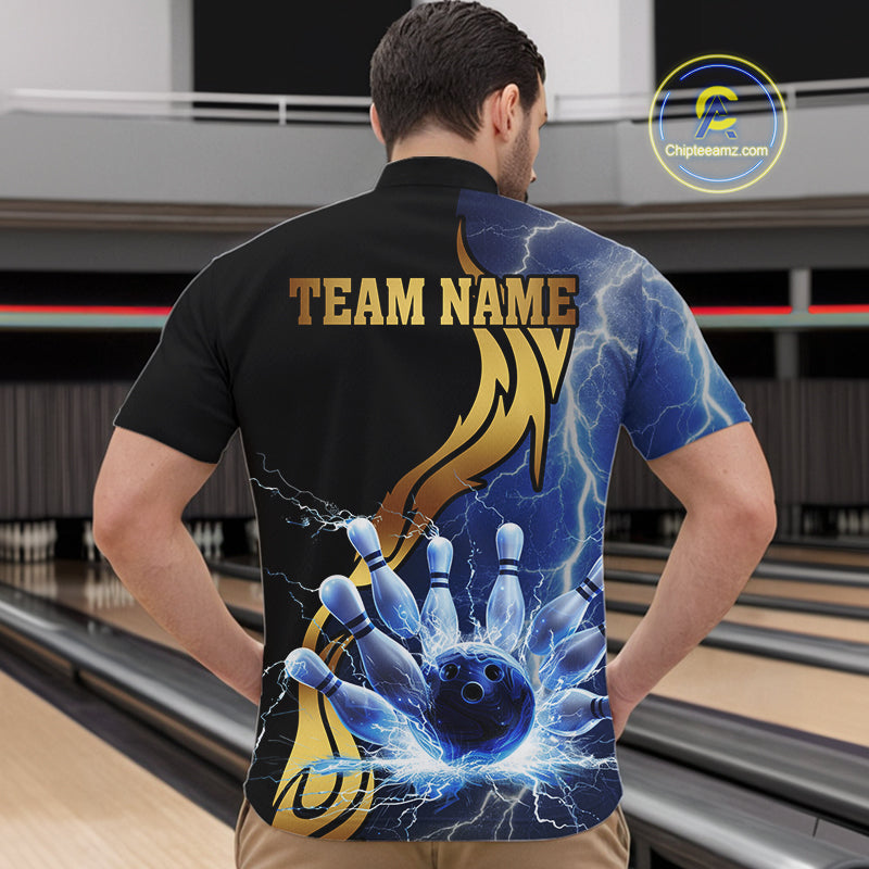 Custom Blue Lightning thunder and Gold Bowling Team Jerseys, Personalized Bowling Shirts for Men NQS10447