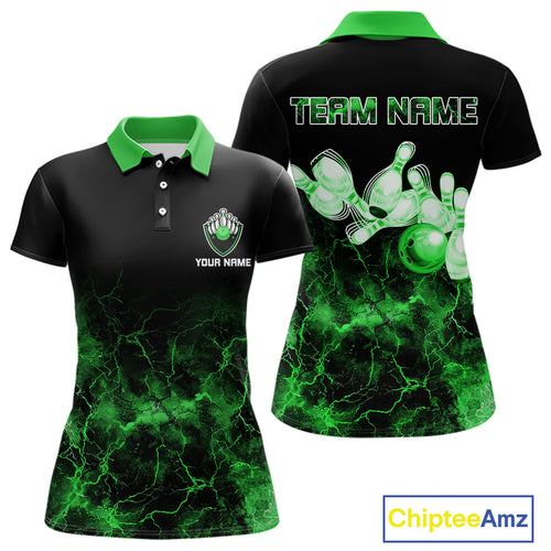 Personalized Women's bowling shirts Green lightning Bowling Ball Pins bowling jerseys for Bowler NQS10635