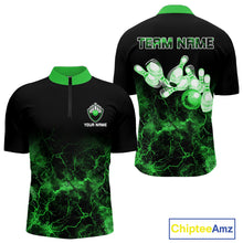 Load image into Gallery viewer, Personalized Men&#39;s bowling shirts Green lightning Bowling Ball Pins bowling jerseys for Bowler NQS10635