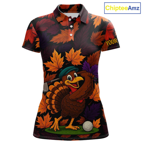 Golf Turkey Thanksgiving Women Golf Polo Shirt Orange Autumn Leaf Custom Golf top For Ladies NQS10637