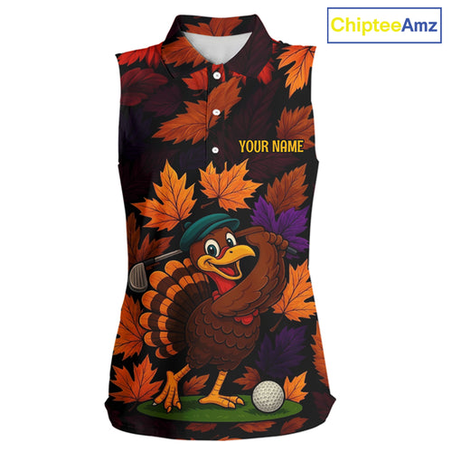 Golf Turkey Thanksgiving Women's Sleeveless Polo Shirt Orange Autumn Leaf Custom Golf top For Ladies NQS10637
