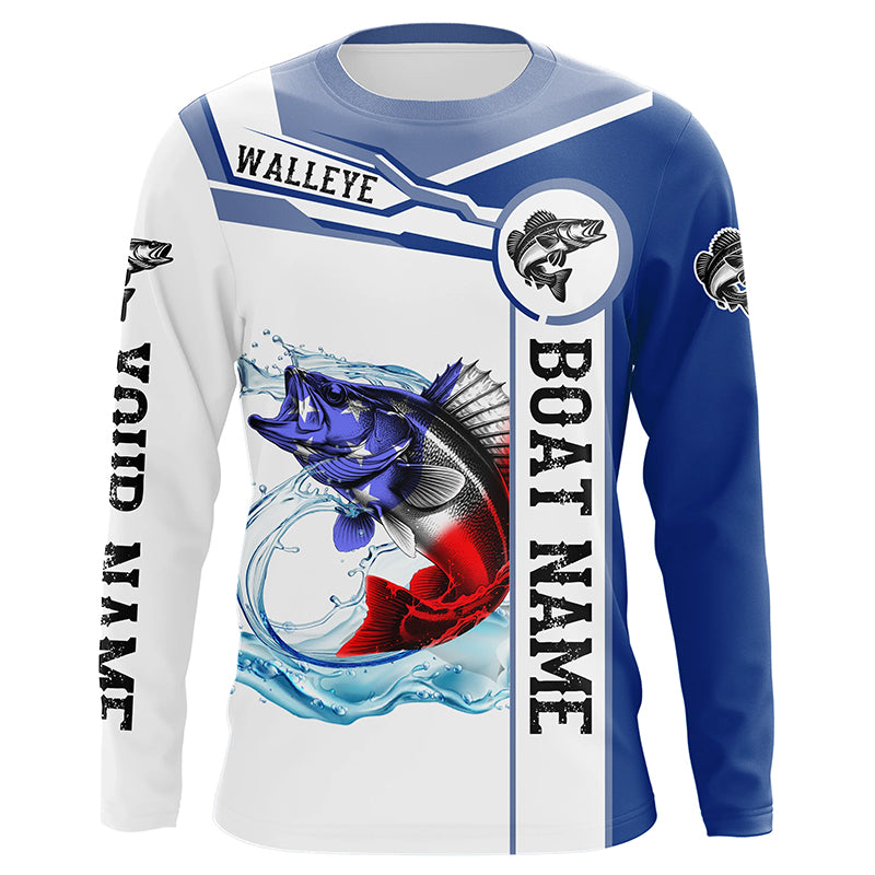 Walleye Fishing American Flag Custom name and boat name performance Long Sleeve Fishing Shirts NQS2358