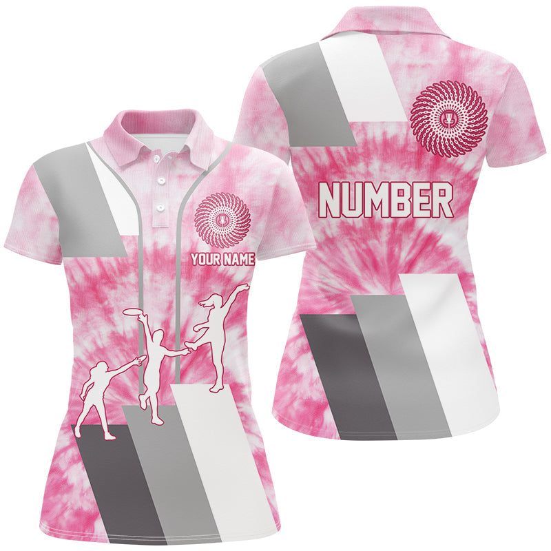 Womens disc golf polo shirt custom name and number pink tie dye personalized disc golf shirts NQS8700