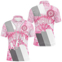 Load image into Gallery viewer, Mens disc golf polo shirt custom name and number pink tie dye personalized disc golf shirts NQS8700