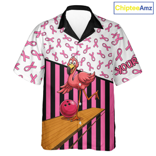 Pink ribbon pattern funny flamingo Bowling Hawaiian Shirt Custom breast cancer Team bowling outfit NQS11245
